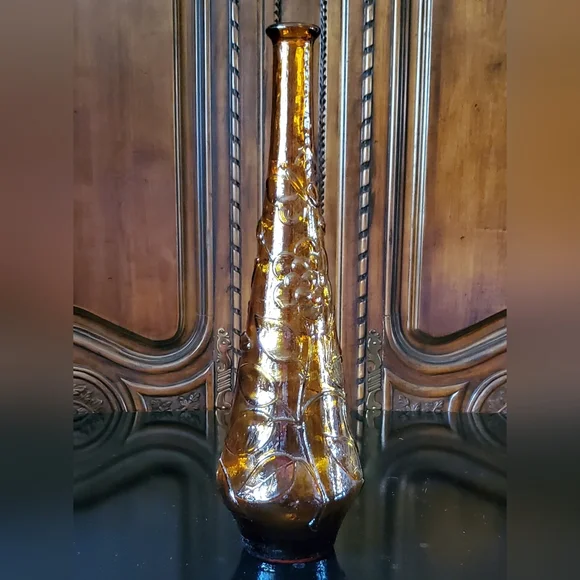 Vntg Empoli 15 1/2" Amber Butterfly & Flower Bottle - Picture 4 of 11